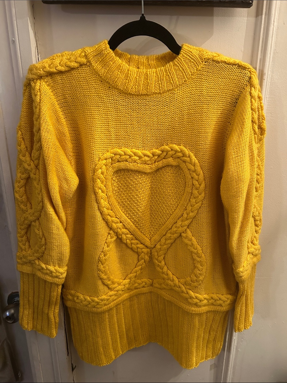 Bright Yellow Cable-Knit Heart Crewneck Sweater - Women's